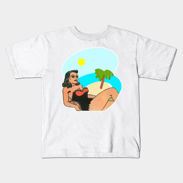 Brunette girl in sunglasses on the beach Kids T-Shirt by Marccelus